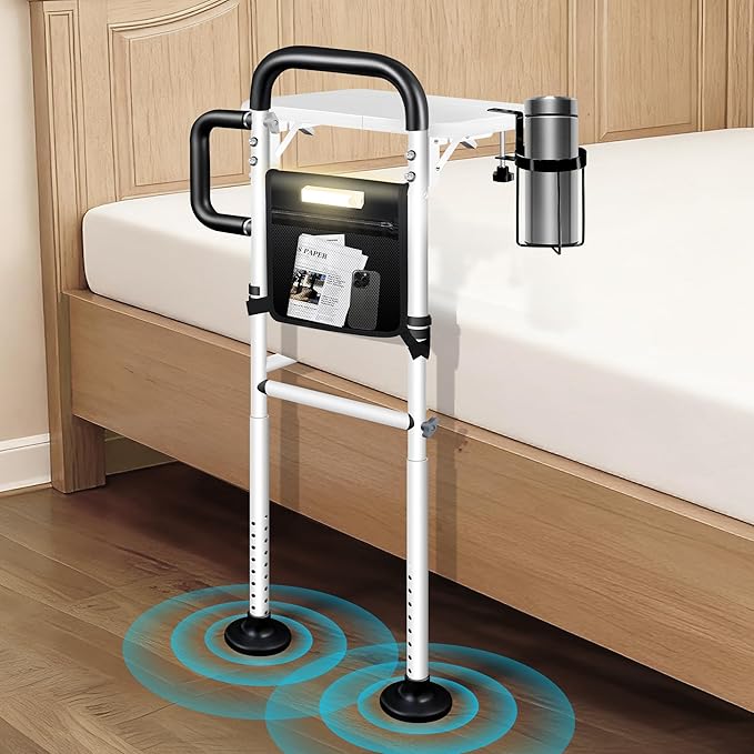 Bed Rails for Elderly Adults Safety with Foldable Tray, Adjustable Bed Assist Rails for Seniors with Motion Sensor Light & Cup Holder, ASTM Approved Bed Cane Bed Rail with 2 Handles & Pocket