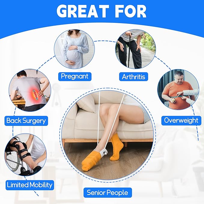 Sock Aids for Putting On Socks Kit - (Sock Helper + 35 Inch Dressing Stick with Sock Remover & Shoe Horn) - Flexible Sock Assistant Device for Seniors & Limited Mobility No Bending