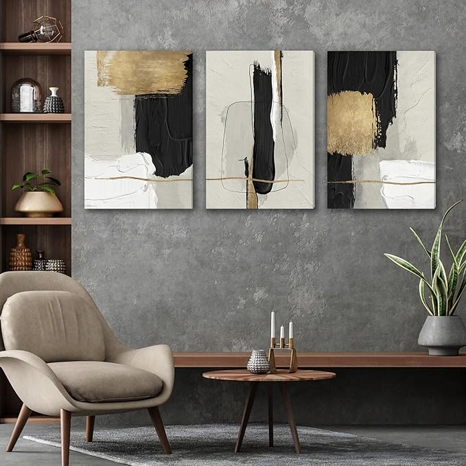 DUWQU 3 Piece Large Black and Gold Abstract Canvas Wall Art, Modern Black Gold and White Art Wall Decor, Minimalist Grey Beige Block Prints for Living Room Bedroom Office Home Decorations 20×30x3 In