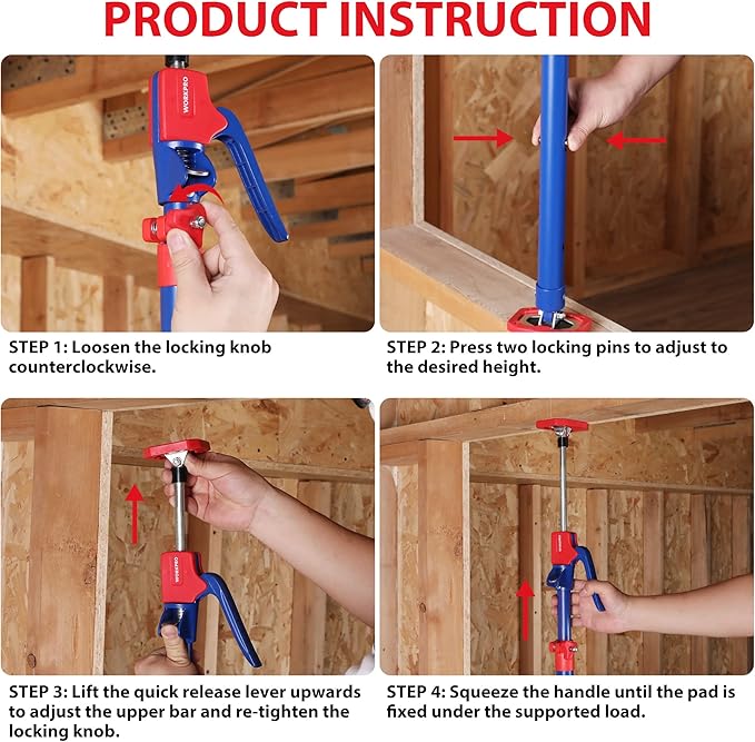 WORKPRO Cabinet Jack Support Pole, 54-114 Inches Steel Telescopic Quick Support Rod Adjustable 3rd Hand Support System with 154 lbs Capacity for Cabinet Jack, Drywall Jack& Cargo Bars, 2-Pack