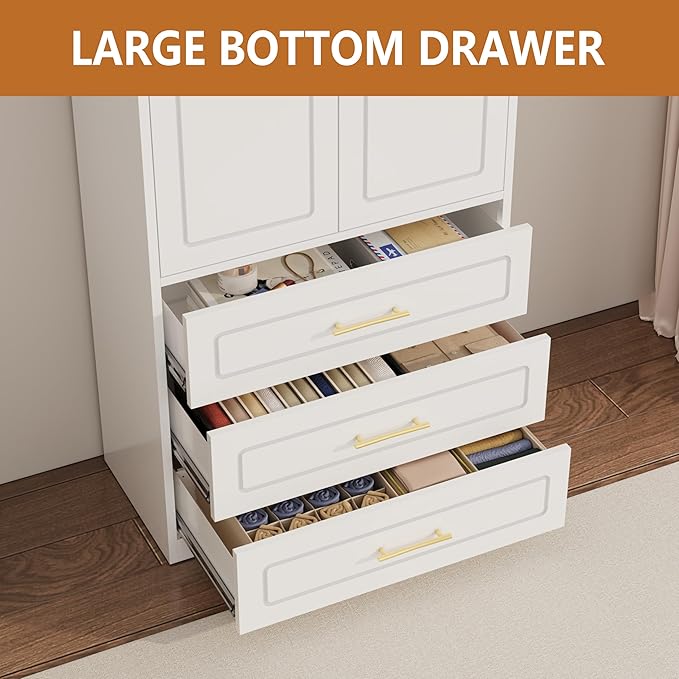 Armoire Wardrobe Closet with Three Drawers, 71" Tall Large Wardrobe Cabinet with Hanging Rod, Clothing Metal Storage Cabinet with Doors and Shelves for Bedroom, White, Assemble Required