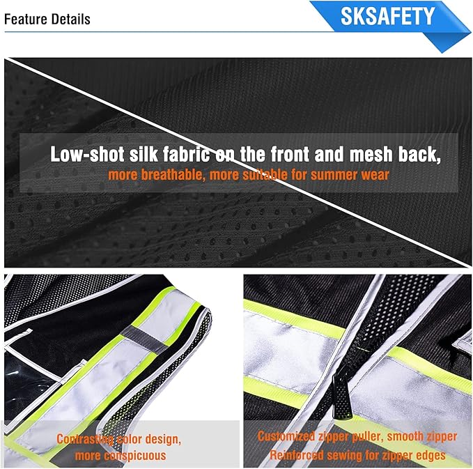 SKSAFETY 10 Pockets Safety Vest, Class 2 High Visibility Security with Zipper Back Mesh, Hi Vis Vest with Reflective Strips, ANSI/ISEA Standard, Construction Work Vest for Men ＆ Women （Black, 5XL）