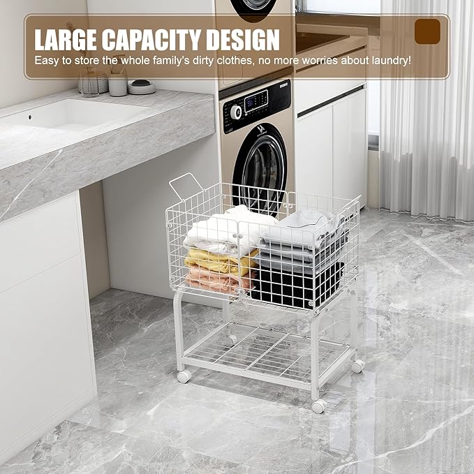 2-Tier Rolling Laundry Basket Cart with Wheels,Bathroom Laundry Hamper Cart with Handle and Divider,Multi-Purpose Storage Organizer for Laundry Room, Bathroom, Kitchen, Bedroom
