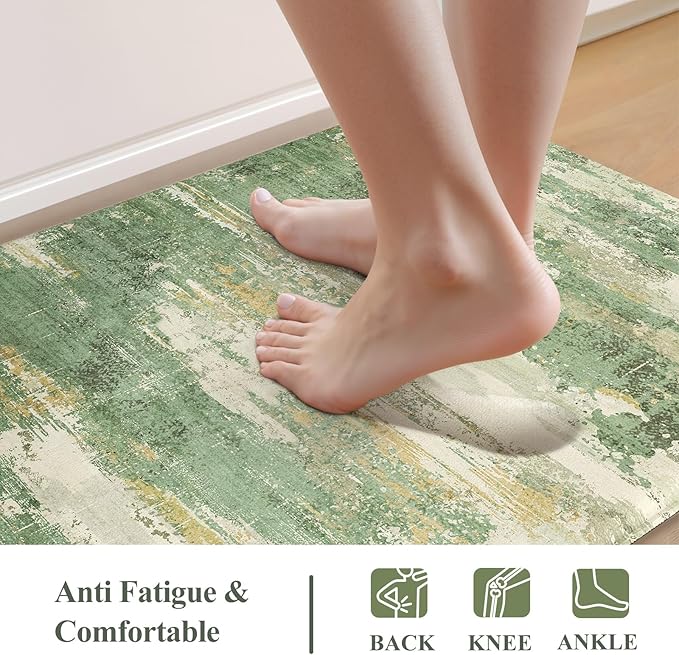 Collive Anti Fatigue Mats for Kitchens Floor, Abstract Non Skid Kitchen Rugs Sets of 2 Green Modern Standing Mat, Foam Cushioned Comfort Carpet for Office, Sink, Home Decor, 17"x59"+17"x29"