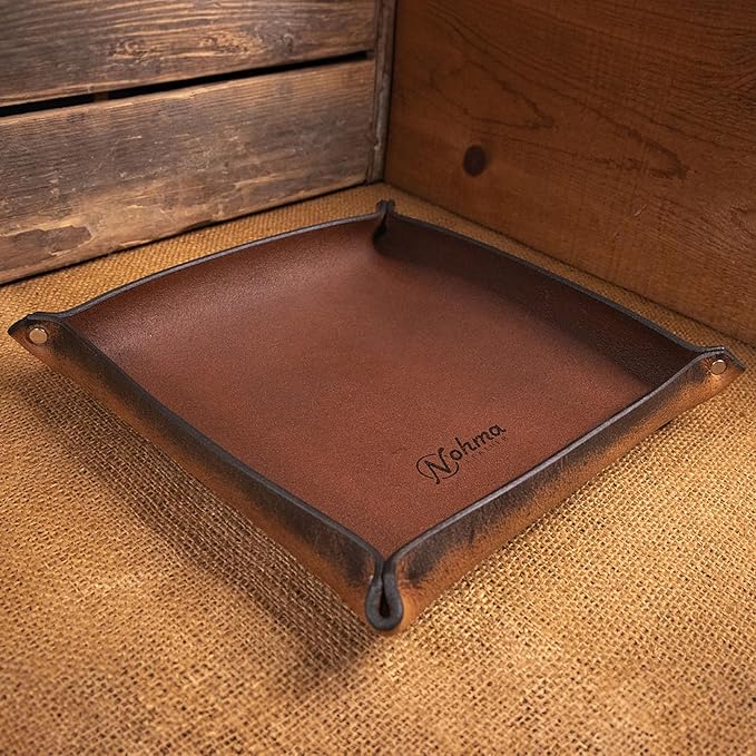 Valet Tray – Full-Grain Leather Catchall Organizer for Keys, Phone & Wallet – Rustic Nightstand & Desk Tray with Raised Sides – Handmade in USA (Vintage Brown, Medium Square)