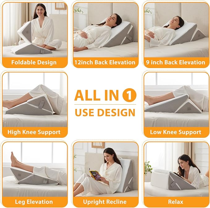 Bed Wedge Pillow for Sleeping, 9&12 Inch Adjustable Wedge Pillow Set for After Surgery, Triangle Pillow for Back Pain Relief, Leg Support, Acid Reflux, Gerd, White/Grey