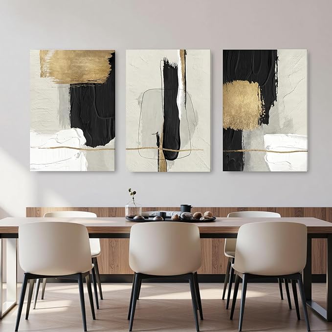 DUWQU 3 Piece Large Black and Gold Abstract Canvas Wall Art, Modern Black Gold and White Art Wall Decor, Minimalist Grey Beige Block Prints for Living Room Bedroom Office Home Decorations 24×36x3 In