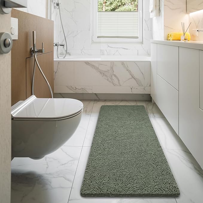 LOCHAS Luxury Bathroom Rug Shaggy Bath Mat 24 x 70 Inch, Washable Non Slip Bath Rugs for Bathroom Shower, Soft Plush Chenille Absorbent Carpets Mats, Sage Green