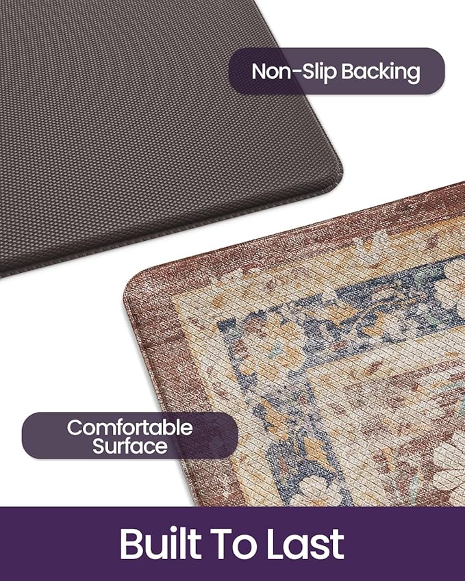 DEXI Kitchen Floor Mats Anti Fatigue, 23x86 Large Long Cushioned Vintage Runner Rug Waterproof, Standing Comfort Memory Foam Padded for Front Sink Laundry Office, Reddish Brown