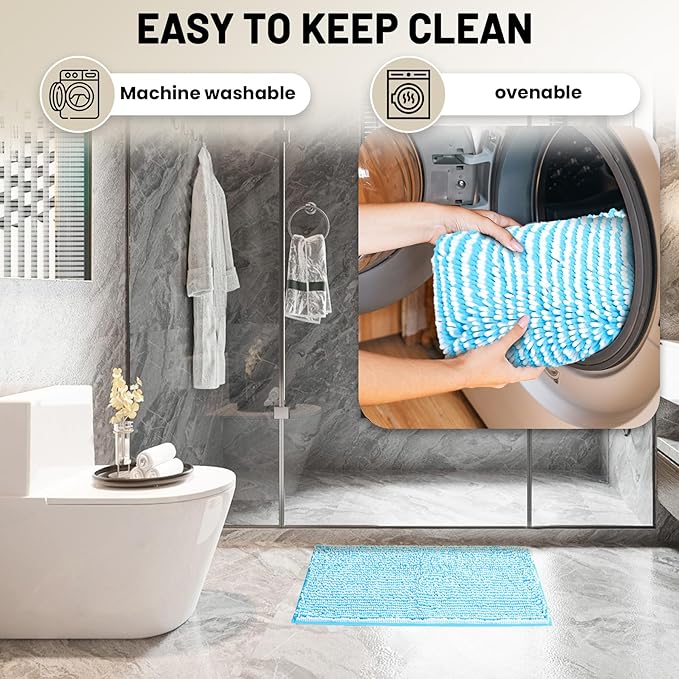 Ultra-Soft Bathroom Rug Set, 2-Piece – Absorbent, Non-Slip, Machine Washable Bath Mats for Bathroom, Shower, Sink, Kitchen （20" x 32" + 17" x 24"） Blue