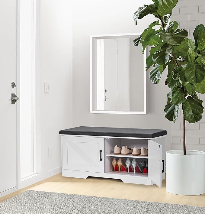 2-Tier Storage Bench, 39.4" Wide Shoe Bench with Padded Seat Cushion, Entryway Bench with 2 Barn Doors and Adjustable Shelf, White
