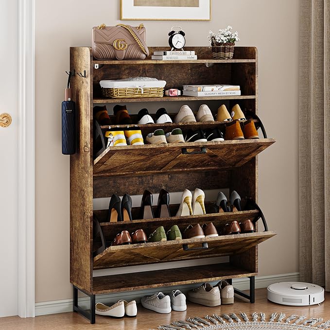 Shoe Cabinet with 2 Flip Drawers, 45" Freestanding Narrow Wood Shoe Storage Cabinet with Metal Legs and Hooks, Slim Shoe Rack Organizer for Entryway, Hallway, Brown