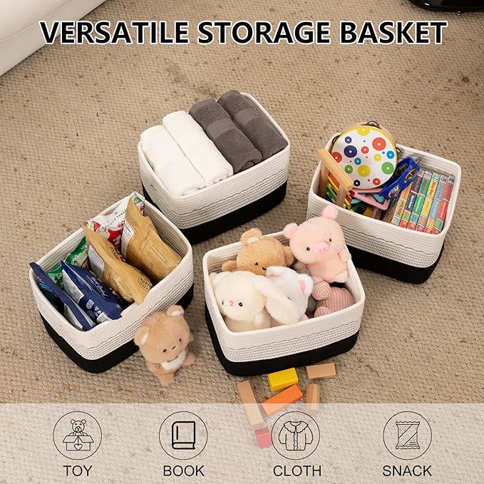 4 Pack Storage Baskets for Organizing, 13"X9"X7.87", Decorative Cotton Rope Baskets with Wave-Patterned Embroidery for Shelves, Small Woven Basket for Toys, Books and Towels, Black & White