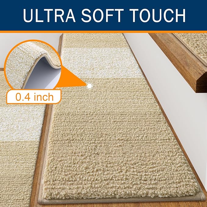 OLANLY Stair Treads Non Slip 15PCS, 8" x 30" Indoor Stair Runners for Wooden Steps, Edging Stair Rugs with Reusable Peel and Stick Adhesive for Kids Elders and Pets, Beige