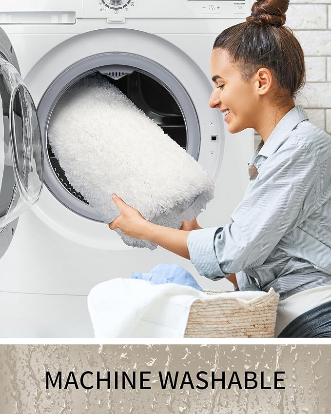 Bathroom Rugs, Ultra Thick Shaggy Soft Microfiber Absorbent Bath Rug, High Density Foam Latex Non Slip Backing, Machine Washable Bath Mats for Bathroom Floor & Sink 24x17, White