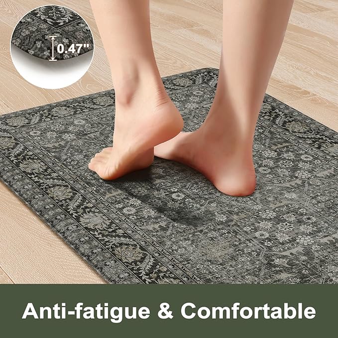 KIMODE Anti Fatigue Mats for Kitchen Floor 24"x71", Grey/Green Farmhouse Kitchen Runner Rugs, Cushioned Kitchen Floor Mat Non Skid, Memory Foam Kitchen Mat for Laundry Office Sink Desk