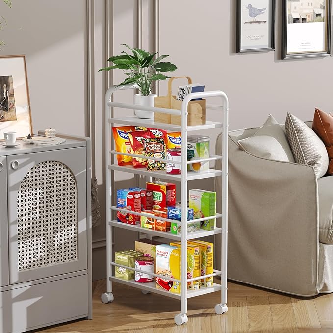 Slim Rolling Cart, 4-Tier Narrow Storage Cart with Handle, 9.1 Inches Deep, Bathroom Shelf for Small Spaces, Kitchen, Dining Room, Living Room, Laundry Room, White