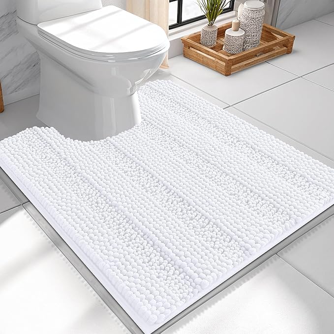 OLANLY Thick Toilet Rugs U-Shaped 24x20, Extra Soft Absorbent Chenille Striped Contour Bathroom Rugs for Toilet, Dry Quickly, Machine Washable, Non-Slip Bath Mat, White