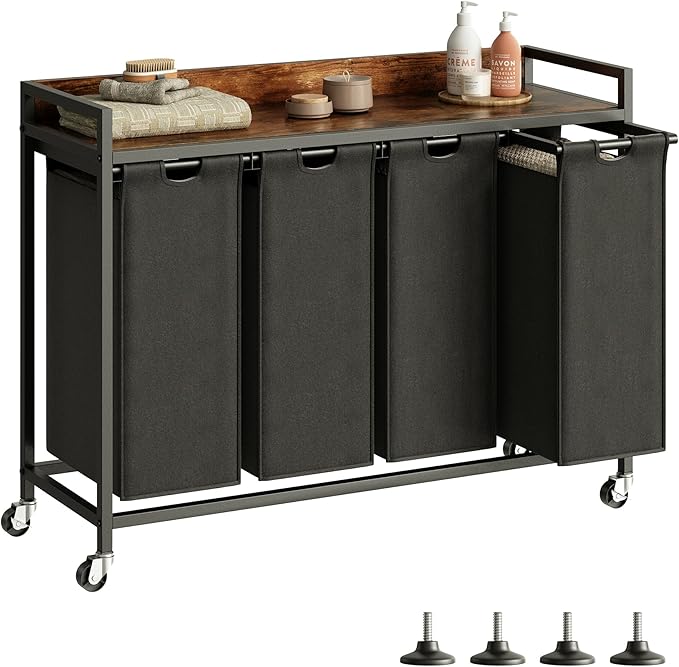 Laundry Hamper with Shelf, Laundry Basket 4 Section, Laundry Sorter with Pull-Out Removable Large Bags and Movable Wheels, Metal Frame, 4 x 15.87 Gallons (60L), Rustic Brown + Black PF07XLY