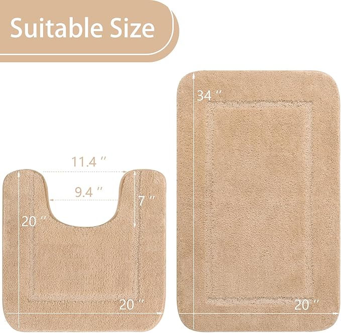 LOCHAS Bathroom Rug Set Beige, Soft Bath Rug Set 2 Piece, Toilet Mat U-Shaped 20x20 and 34x20 Bath Rugs, Quickly Dry Mats for Bathroom, Tub, Washable, Super Absorbent Floor Mat