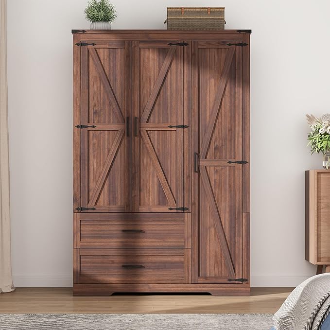 3 Doors Wardrobe Armoire Closet with Doors and Drawers, Farmhouse Wooden Armoire Storage Cabinet with Shelves & Hanging Rod for Bedroom, Brown
