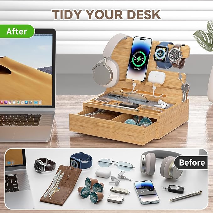 Pezin & Hulin Wooden Charging Station, Bedside Nightstand Tray, with Spacious Drawer, Felt Pads for Phones, Watch, Idea Gifts for Him Birthday, Son, Christmas for Papa Fathers Day (Nature)