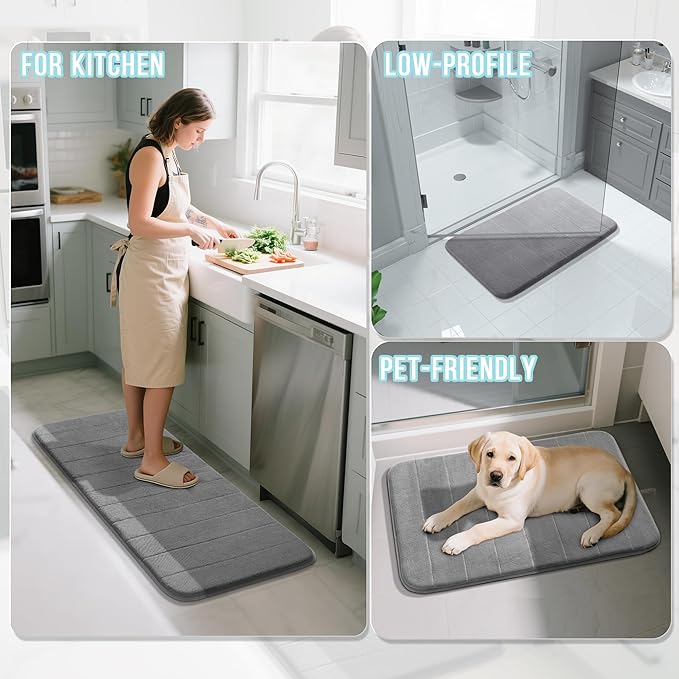 Yimobra Large Bath Mat Set 2 Piece- Super Soft Absorbent Quick Dry Memory Foam Bathroom Rugs, Machine Washable Non Slip Floor Carpet for Tub Shower & Double Vanity (17x24 & 44x24, Gray)