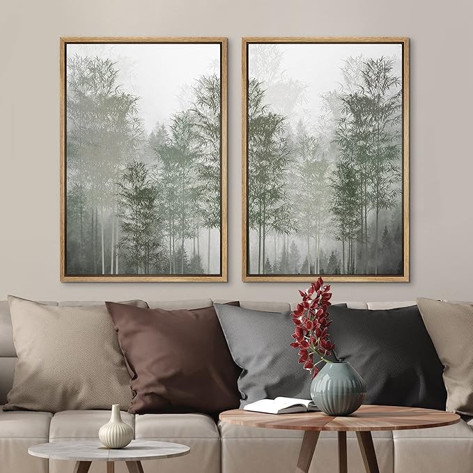 MUDECOR Framed Canvas Print Wall Art Pastel Watercolor Misty Fog Forest Tree Wilderness Nature Illustrations Modern Art Decorative Calm/Relax Multicolor Rustic Minimal for Bedroom - 24"x36"x2 Natural