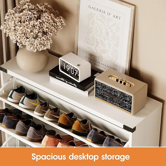 Shoe Cabinet with 3 Flip Drawers,Farmhouse Shoe Organizer Cabinet with Legs for Entryway,Narrow Slim Freestanding Rack Cabinet for Foyer,Hallway,White