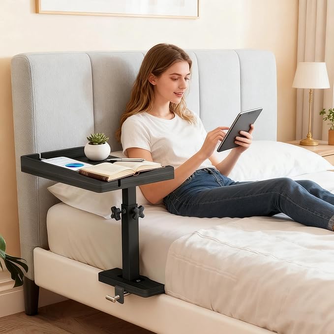 Bedside Shelf for Bed Frame, Clamp On Bedside Table Organizer, Dorm Room Nightstand Alternative for Phone, Glasses, Laptop, Books, Small Storage Tray for Bunk Bed College Dorm (Black)