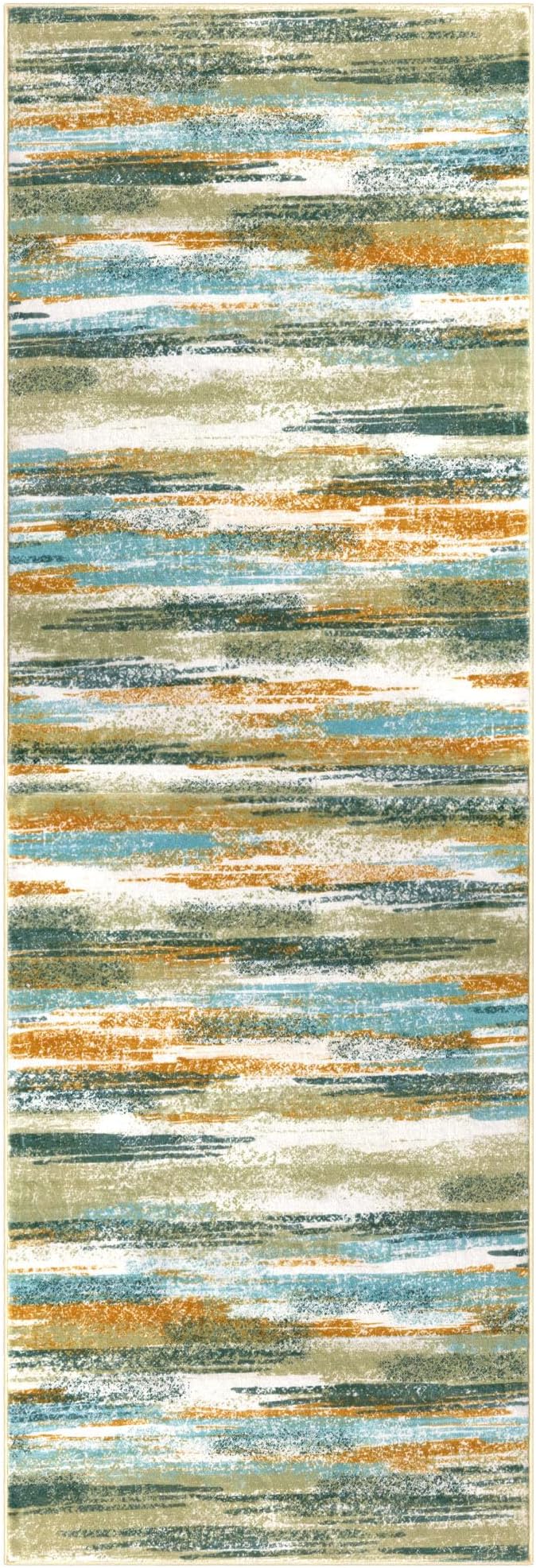 Modern Abstract Hallway Runner Rug, Green Mustard Multi Washable Kitchen Runner Non-Slip Soft 2x8 Runner Rug Thin Print Faux Wool Carpet for Entryway Bedroom Laundry Room Indoor Home Decor