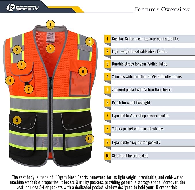 JKSafety 9 Pockets Hi-Vis Safety Vest High Visibility Reflecitive Mesh Safety Vests for Men and Women Cushioned Collar Work Utility PPE Work Gear ANSI/ISEA compliant Class 2 (101-OBlk XL)