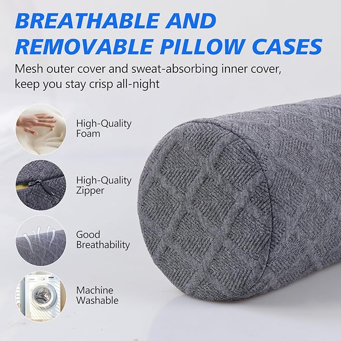 Cozyhealth 3.1" H Small Cervical Roll Pillow, Medium Soft Memory Foam Neck Round Pillow Cylinder Bolster Pillow for Sleeping, Round Neck Support for Bed, Legs, Back and Yoga (Grey, Small - 3.1" H)