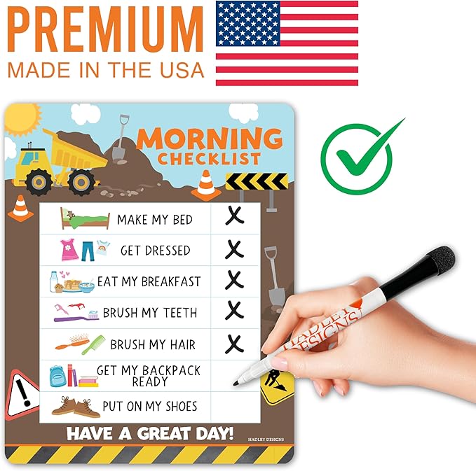 Magnetic Morning & Bedtime Routine Chart for Kids - Customizable Toddler Daily Schedule Board with Dry Erase Surface, Stickers & Marker, Build Habits with Visual Checklists, Construction Theme