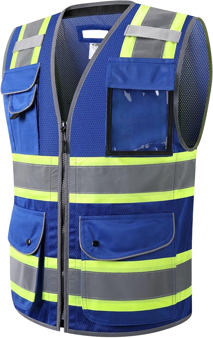 JKSafety 11 Pockets Hi-Vis Blue Mesh Safety Vest for Men Women High Visibility Reflective Construction with Zipper Work Utility PPE Work Gear ANSI/ISEA compliant (102-Blue 4XL)