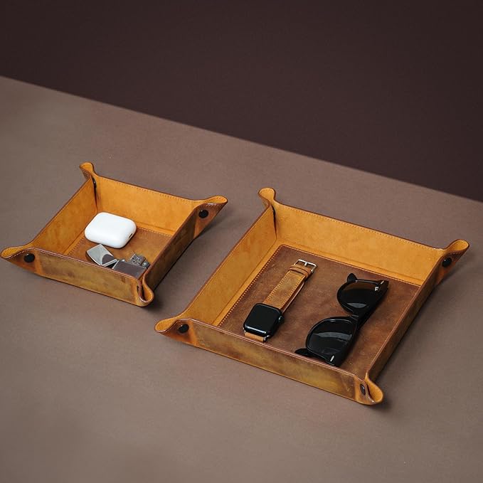 Handmade Leather Catch All Tray and Organizer for Keys, Phones, Jewels, Coins, Square - Medium, Light Camel