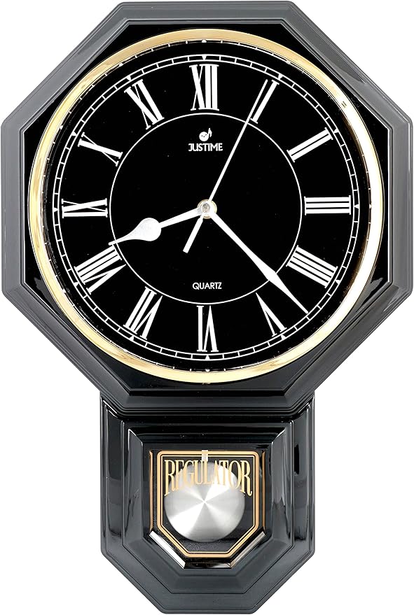 JUSTIME Traditional Schoolhouse Black & White Roman Regulator Wall Clock, Chiming Wall Clocks with Pendulum & Westminster Chime Hourly, Schoolhouse Wall Decor Battery Operated (Gun Metal)