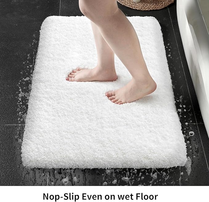 Small Bathroom Rugs 17x24 Non Slip White Fluffy Bath Mat for Bathroom Floor Machine Washable Plush Luxury Bath Rug for Tub Soft Shaggy Absorbent Shower Mat
