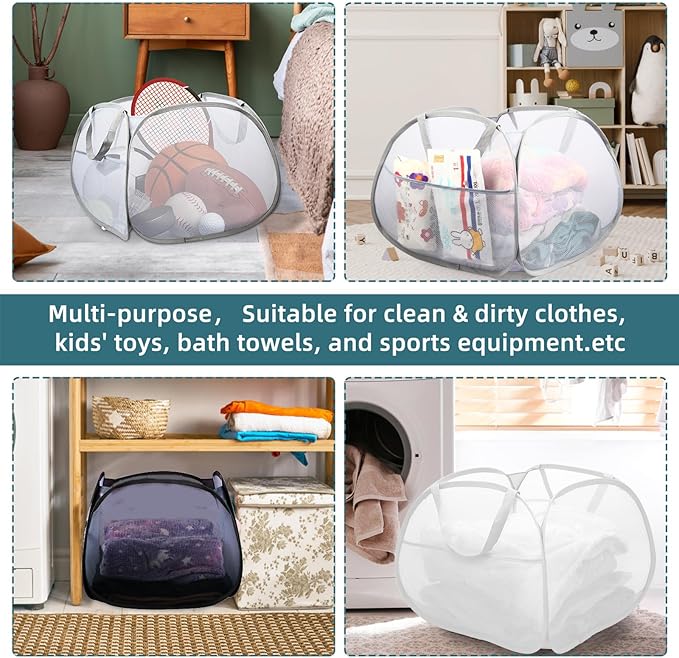 Collapsible Laundry Baskets, 90L Large Foldable Laundry Basket, Durable Mesh Pop Up Hampers for Laundry, Dirty Clothes Laundry Hamper for Bedroom, Bathroom, Dorm, Laundry Room, Travel, Camping Black