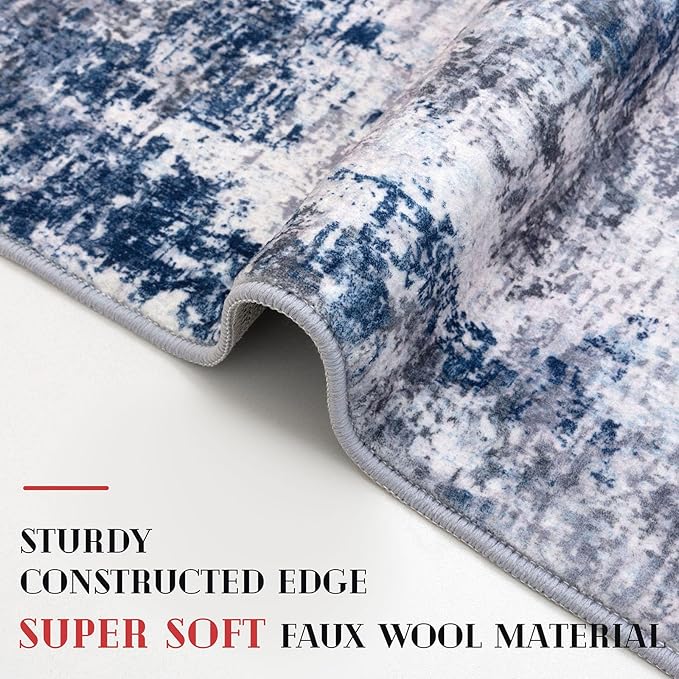Modern Abstract Small Area Rug Indoor, Grey Navy Blue Multi 3x5 Washable Rug Non-Slip Soft Entryway Rug Kitchen Mats Thin Print Faux Wool Floor Carpet Colorful Throw Rugs for Entrance Bedroom
