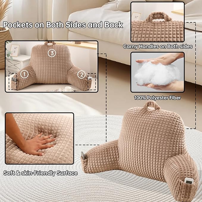 Reading Pillow for Sitting in Bed, Large Backrest Reading Pillow with Arm Rest,Back-Rest Support Cushion for Sit Up on Couch, Sofa, and Floor, Dorm Essentials (Khaki Flannel, Standard(17inch))