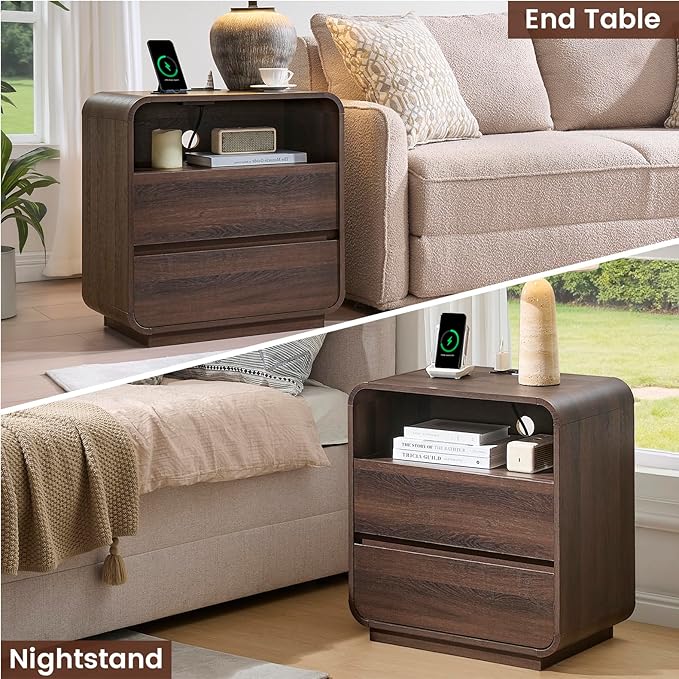 Walnut Curved Nightstand Set of 2 with Charging Station, 23.2" Wide Wood Bedside Table 2 Storage Drawers, Modern Side Table Handleless, Large End Table Night Stand for Bedroom