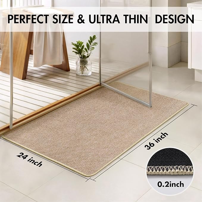 MIULEE Set of 2 Ultra Thin Bathroom Rugs, Rubber Bath Mats for Bathroom Non Slip, Quick Dry Absorbent Bath Rug Machine Washable, Fit Under Door, Shower, Sink, Home Decor, Beige, 24x36 Inch