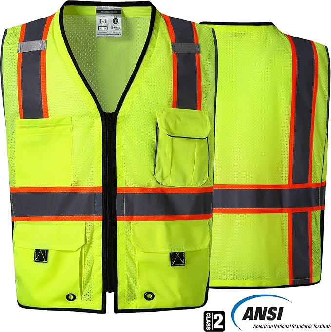 SKSAFETY 10 Pockets Professional level Safety Vest, Class 2 High Visibility Security Vest with Zipper, Hi Vis Vest with Reflective Strips, ANSI/ISEA Standard, Construction Work Vest（Lime, L）