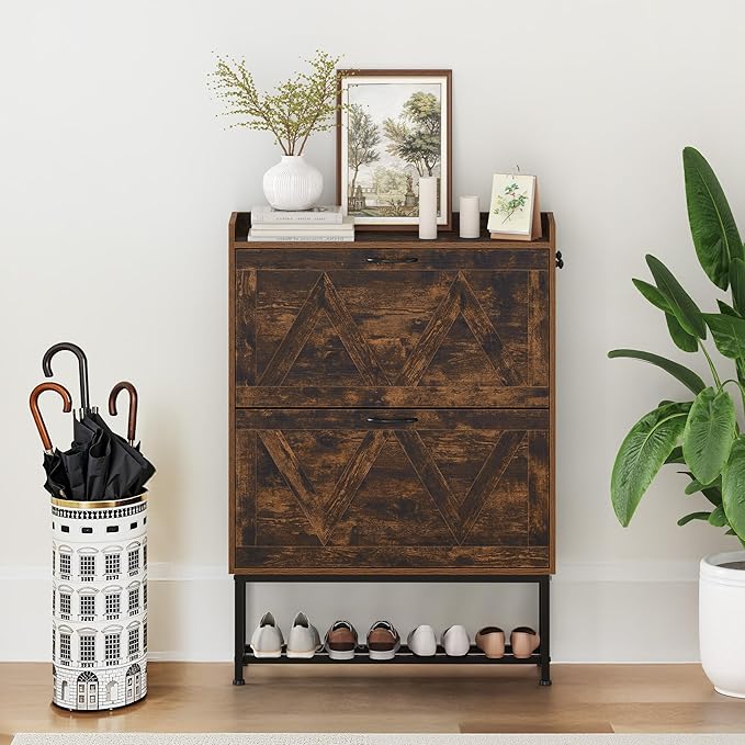 Narrow Shoe Storage Cabinet with 2 Flip Drawers & Adjustable Shelf for Entryway, Freestanding Hidden Slim Shoe Organizer Rack, Rustic Brown