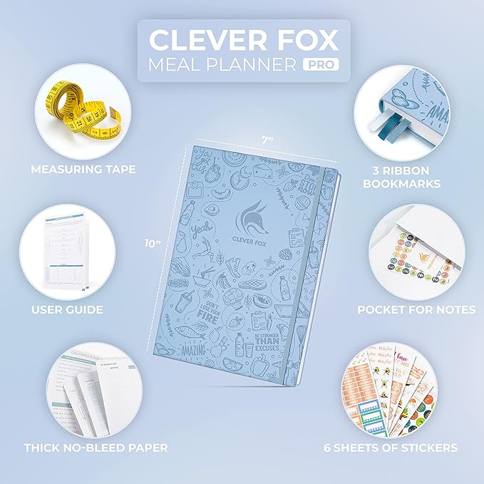 Clever Fox Meal Planner PRO – Weekly Meal Prep Journal with Grocery List & Weigh Loss Tracker – Diet, Fitness & Welness Log Book – Nutrition Diary Notebook – Lasts 12 Months, 7x10” (Light Blue)