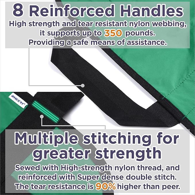 Positioning Bed Pad with Reinforced Handles 43" x 36" Patient Transfer Sheet Aid Assistant for Body Lifting, Turning, Repositioning, for Elderly, Incontinence, Caregiver, Green