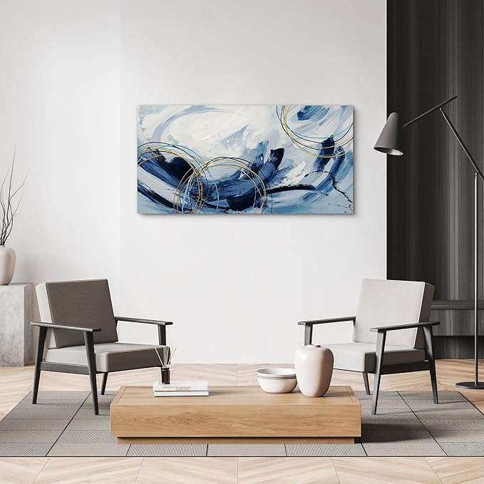 yiijeah Large Canvas Wall Art for Living Room - Blue and White Abstract Picture Framed Artwork for Walls Bohemian Minimalism Prints Paintsings Wall Decor for Office Bedroom 40x20 Inches