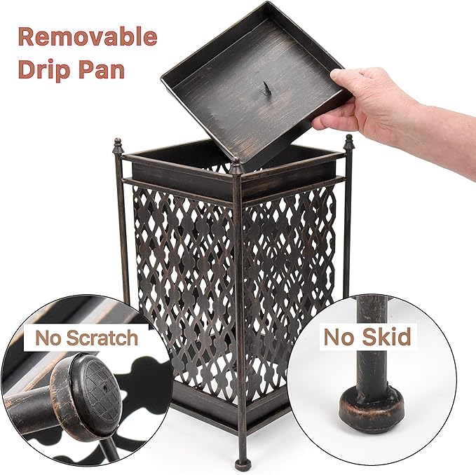 Dualplex Super Quality Umbrella Stand Umbrella Holder Antique Look Metal Entry Hallway Décor Square w/Removable Drip Tray Home Office Rack Holds Umbrellas Canes Walking Sticks Gift Idea 16" Tall