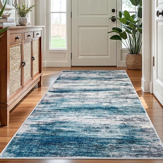 KOZYFLY 4x6 Area Rug Modern Abstract Washable Large Entryway Rug Non-Slip Soft Living Room Rugs, Print Blue Throw Rugs Indoor Mat for High-Traffic Door Entrance, Laundry, Nursery, Bedroom